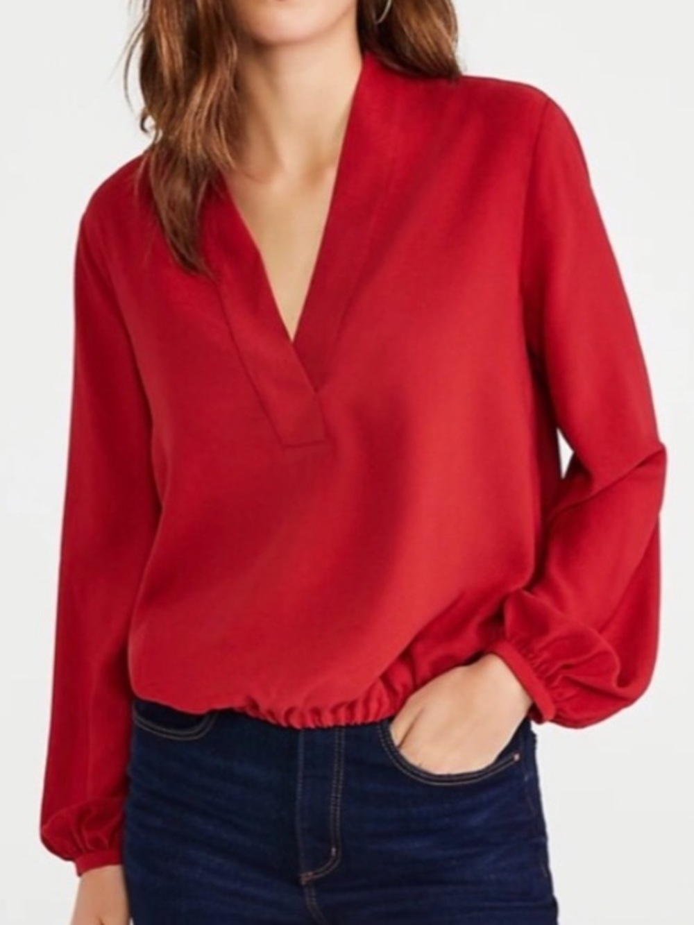 Ann Taylor Burnt Red V-Neck Long Sleeve Elasticized Cropped Blouse. Size Medium.